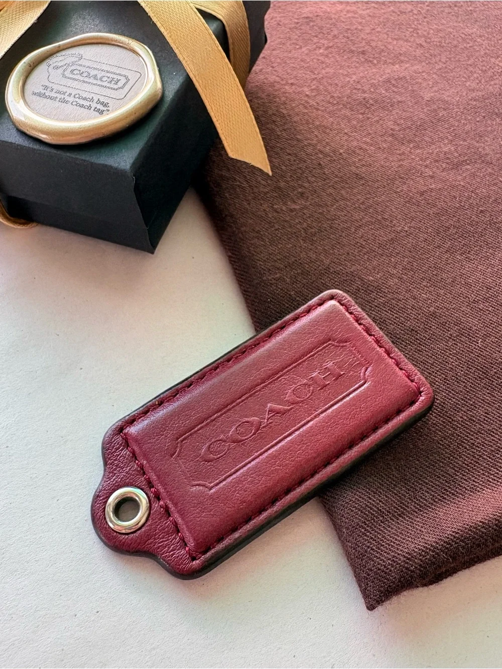 Y2K Large 2.5” Coach Burgundy Oxblood Leather Vintage Hang Tag Bag Charm Key Fob